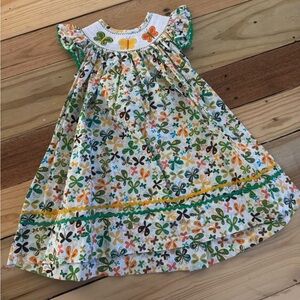 Smocked Butterfly Print Casual Dress - White & Multicolor